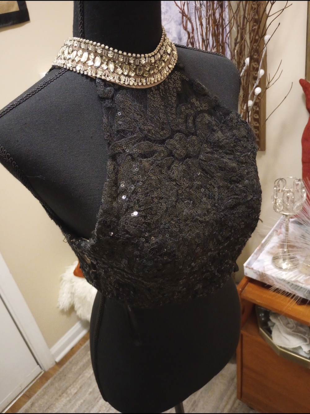 Alyce Paris Black Sequin Crop Top with Gold Jeweled Collar